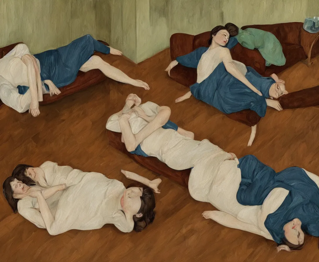 Image similar to portrait of two women lying horizontal, in an empty old english apartment with wooden floor on a brown leather sofa. one is wearing a dark blue sweather, the other a white shirt. brown hair, they are looking into the camera. wide shot. in the style of lucien freud. oil painting. green mood. isometric perspective