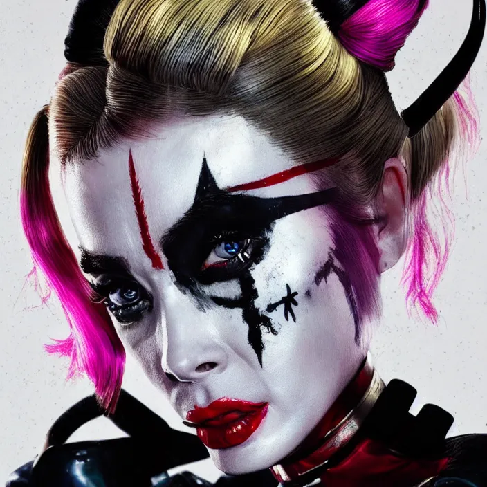 Image similar to portrait of Audrey Hepburn as a harley quinn in Suicide Squad. intricate abstract. intricate artwork. by Tooth Wu, wlop, beeple, dan mumford. octane render, trending on artstation, greg rutkowski very coherent symmetrical artwork. cinematic, hyper realism, high detail, octane render, 8k, iridescent accents