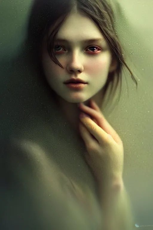 Image similar to beautiful photograph by alexey gurylev, portrait in the center of the face, wonderful eyes, cottage care, self - confident, fog, rain, volumetric lighting, soft light particles floating next to her, illustration, perfectly shaded, often drawn, works by krenz kushart, wenjun lin, alphonse mucha