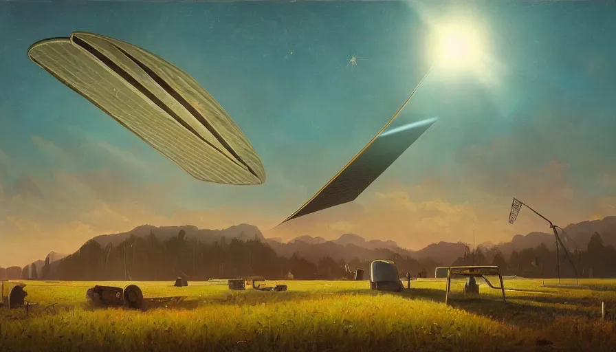 Image similar to giant solar sail blocking the sun, early morning, open field, simon stalenhag, art deco painting