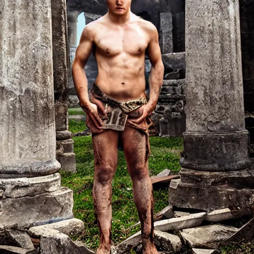 Image similar to portrait of Achilles, standing in ruins, fallen columns, highly detailed face, photo realistic, facial features, tom chambers photography