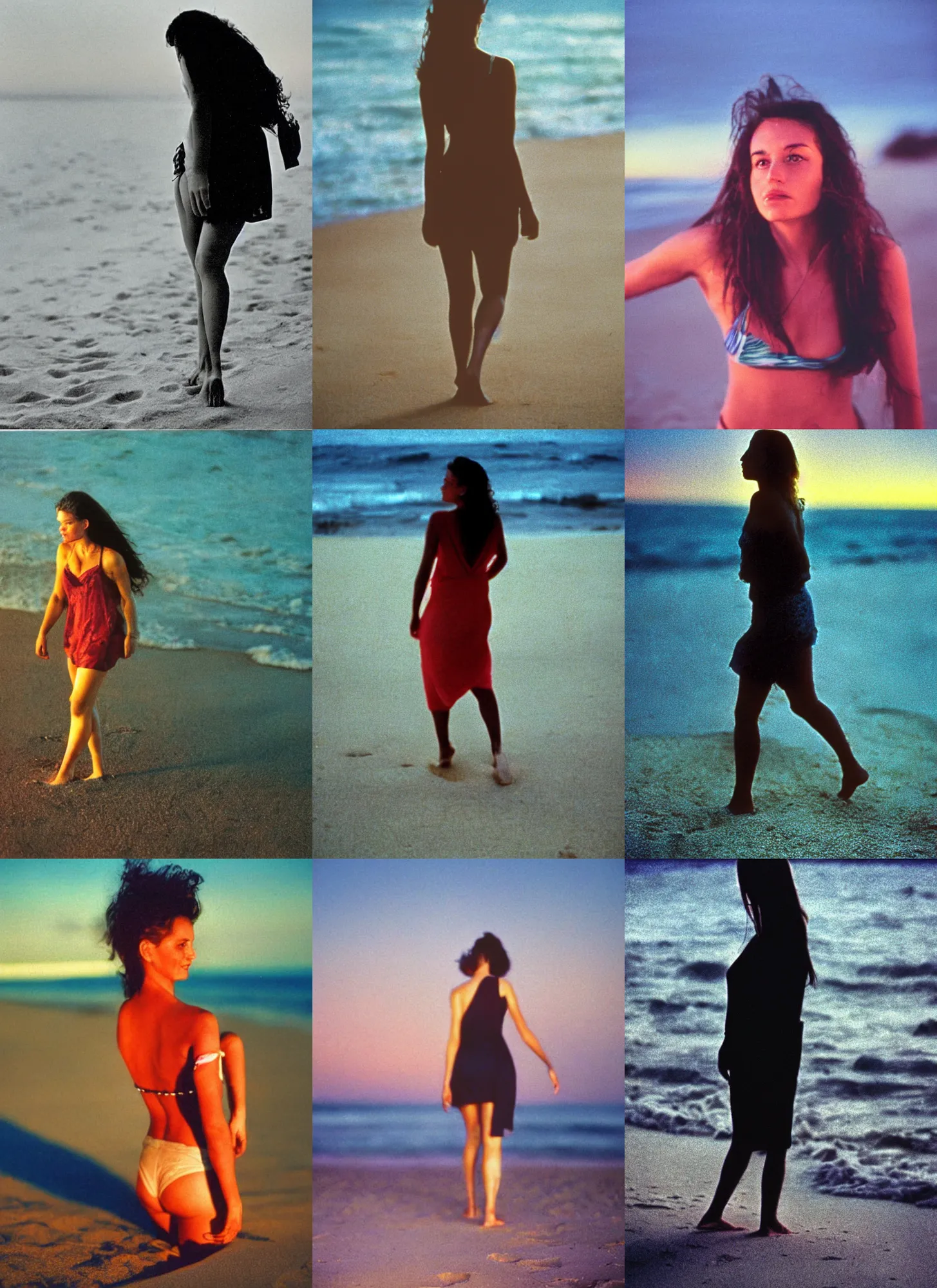 Prompt: a close - up, color outdoor photograph portrait of a woman walking on the beach, night, summer, dramatic backlighting, 1 9 9 0 photo from live magazine.