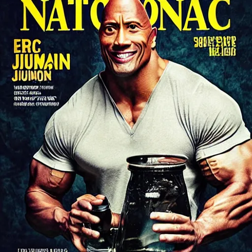 Image similar to dwayne johnson holding a jug of moonshine, cover of national geographic magazine