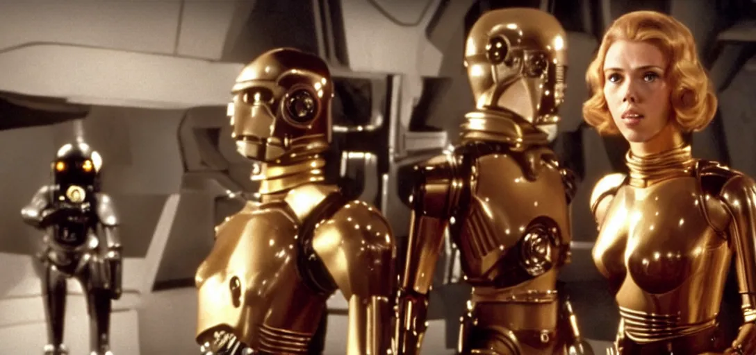 Image similar to a still of Scarlett Johansson next to C3PO in return of the jedi (1983)