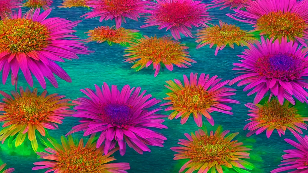 Prompt: digital illustration of a lake full of giant multi - colored gerber daisy flowers by dr. seuss, reimagined by ilm and beeple : 1 | megaflora, spectral color, electric color, rolling hills : 0. 9 | fantasy : 0. 9 | unreal engine, deviantart, artstation, hd, 8 k resolution : 0. 8