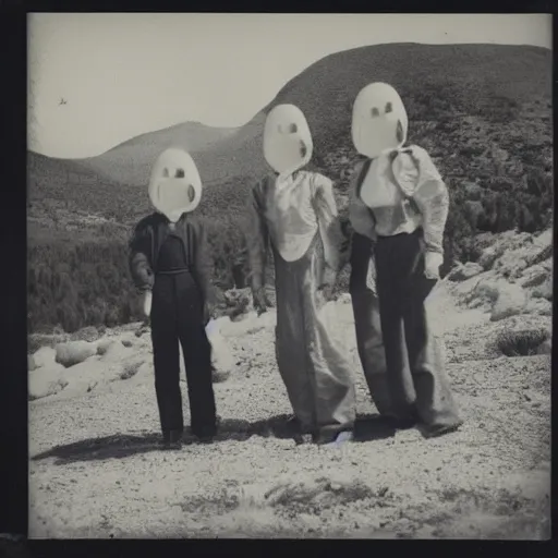 Image similar to polaroid photograph of horrorific extraterrestrial beings visiting earth, 1 9 5 0