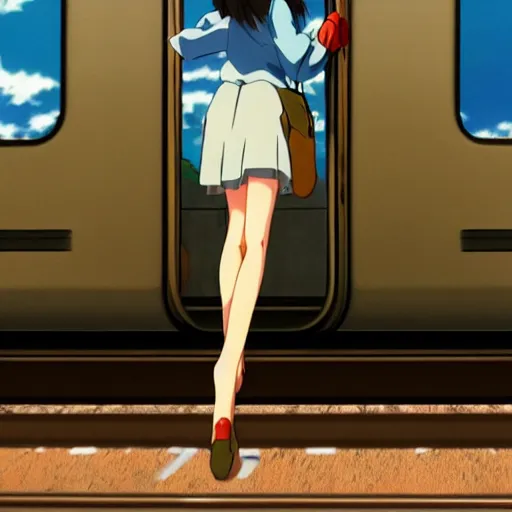 Prompt: a cute anime girl stands on the edge of the door of a moving train, art by hayao miyazaki, studio bind, makoto shinkai