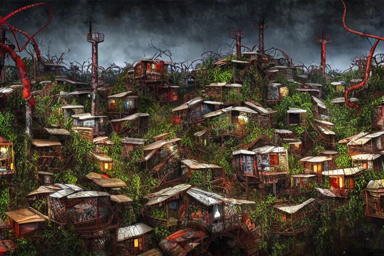 Image similar to favela winding lobster hive, wooded environment, industrial factory, haunting, award winning art, epic dreamlike fantasy landscape, ultra realistic,