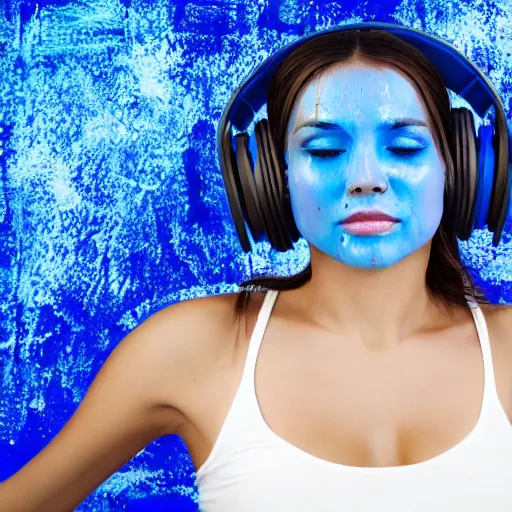 Image similar to dripping electrical blue paint across the shape of a female human body dancing and listening to music with headphones, realistic , high detail, on a clear white background