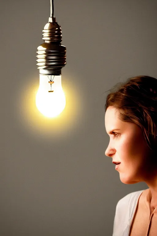 Image similar to an empty light bulb, with a woman trapped inside of it. the woman has wings.