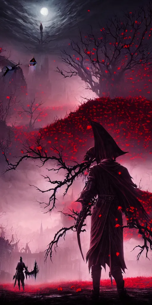 Image similar to abandoned bloodborne old valley with a person at the centre and a ruined city at the end, trees and stars in the background, falling red petals, epic red - orange moonlight, perfect lightning, illustration by niko delort and kentaro miura, 4 k, ultra realistic