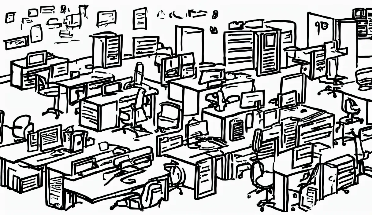 Image similar to a cartoon drawing of an office with desks chairs computers and other office equipment, saturday morning cartoon