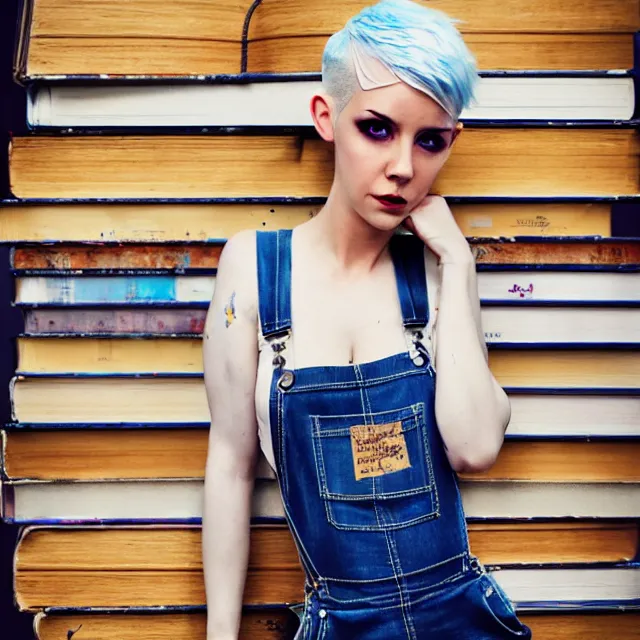 Prompt: full body pose, beautiful adult fairy, short white hair shaved sides, dirty, grungy, grunge, long sleeve, painted overalls, stacks of giant books, highly detailed, 4 k, hdr, smooth, sharp focus, high resolution, award - winning photo, artgerm, photorealistic