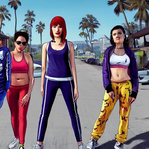 Image similar to A GTA 5 game loading screen featuring A Pterodactyl, La Llorona, a redhead Waifu, CHAPPIE in an Adidas track suit, and a TVR Sagaris