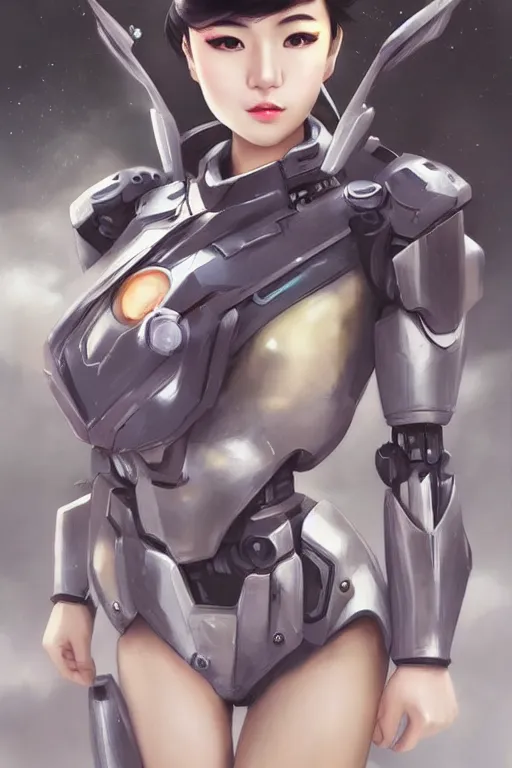 Image similar to a young attractive Asian woman piloting a mecha, in the style of Artgerm and Tom Bagshaw