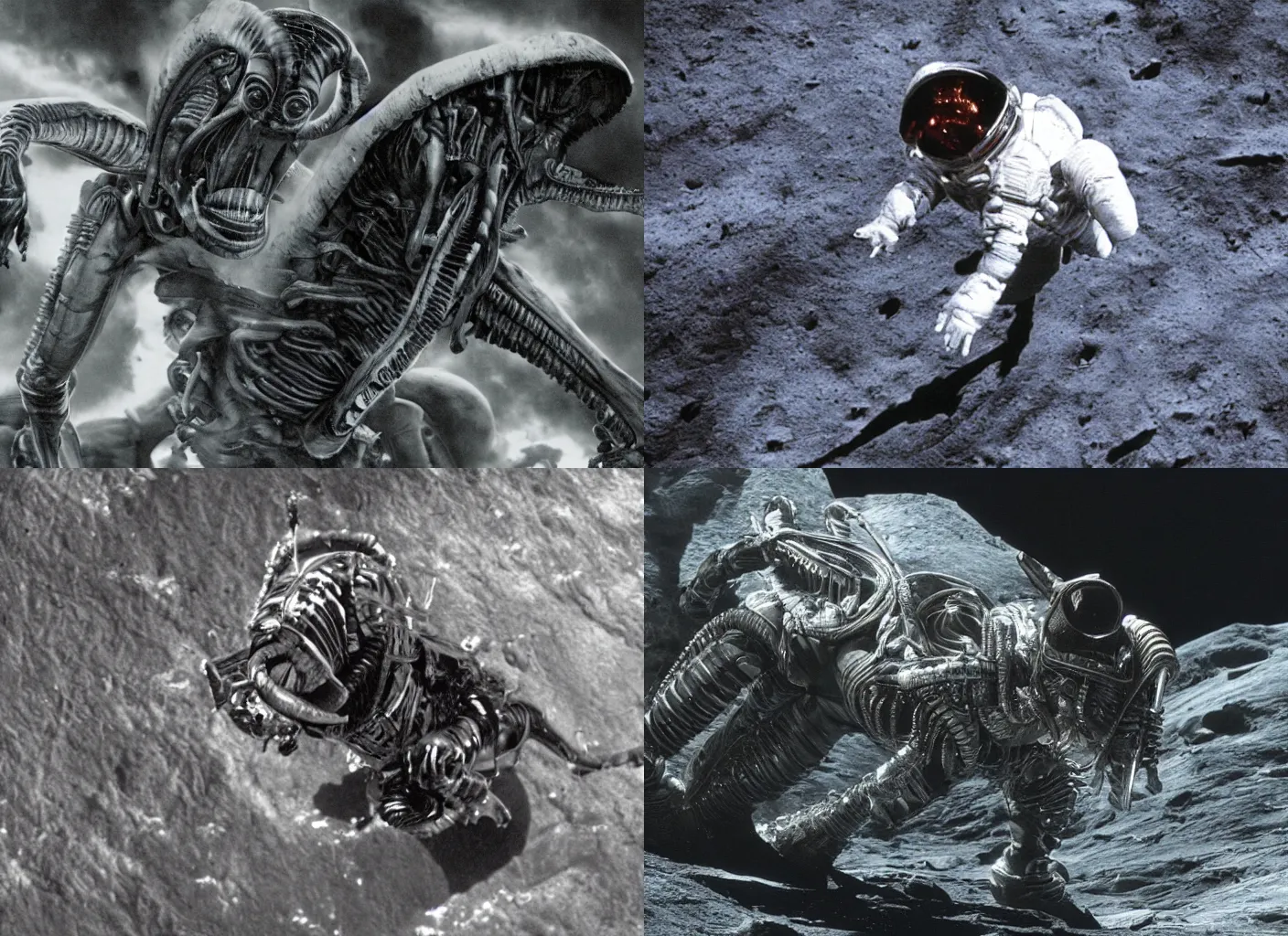 Prompt: xenomorph, xenomorphs, astronaut, apollo 1 1, the movie alien, high definition, grainy footage, color footage, landscape, far length photography