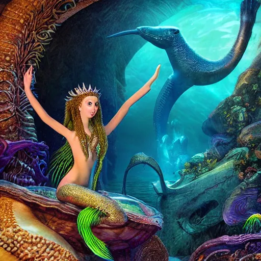 Image similar to unreal engine, octane render, intricate detail, gilbert williams portrait of tan sumerian mermaid goddess atargatis, with aqua neon rapunzel dreadlocks adorned in seashells, near crystal temple in atlantis, iridescent dolphins swimming in the sea, unicorn flying in the sky, paleozoic atlantis