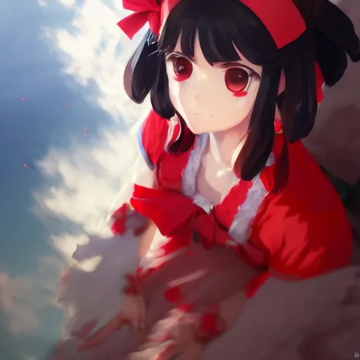 Prompt: artwork portrait of reimu hakurei from touhou project, reimu hakurei touhou artwork by greg rutkowski makoto shinkai sakimichan key art 4 k 8 k ultrahd trending award winning