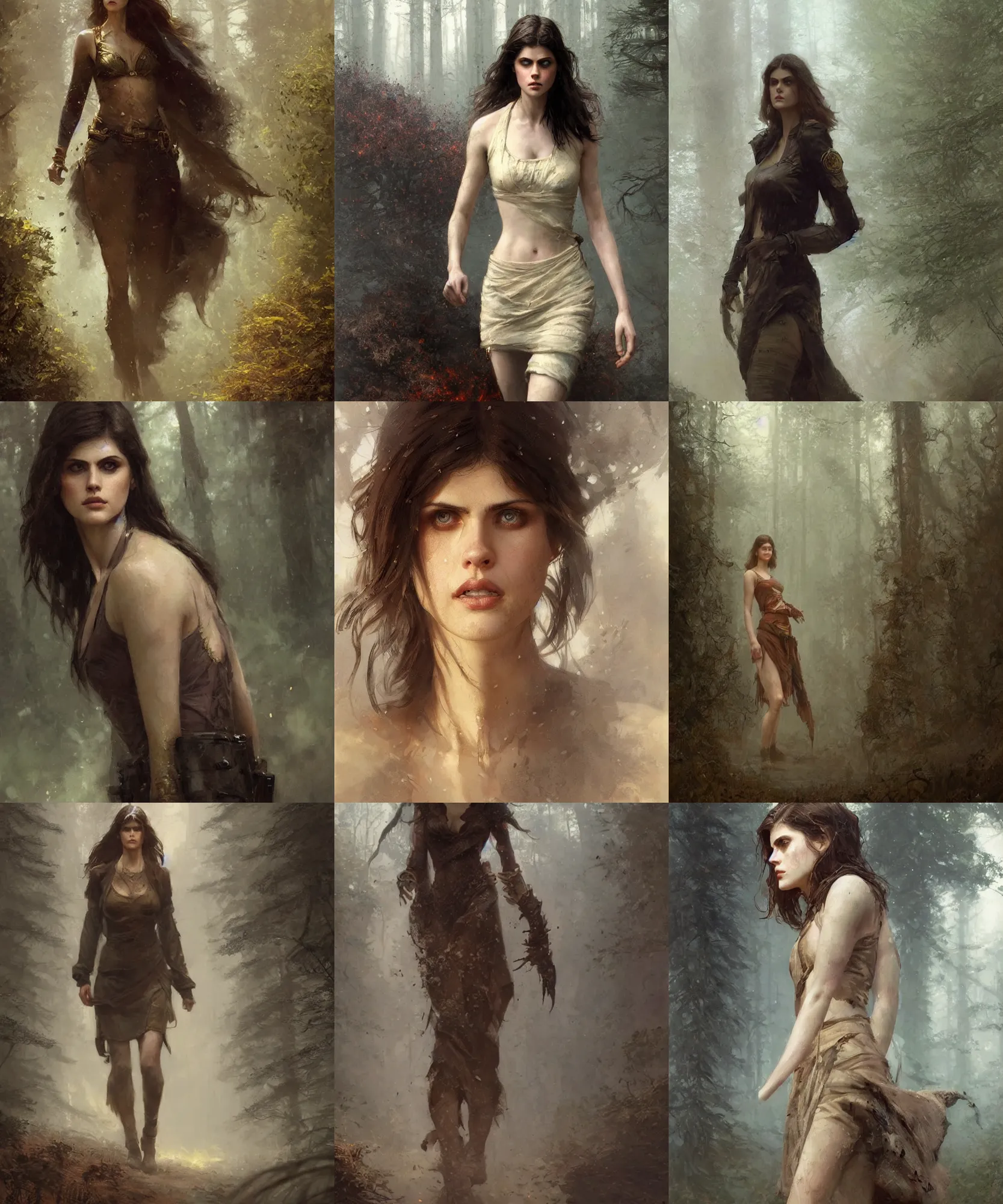Prompt: digital art painting of alexandra daddario walking through the wild fir, smoke and ashes dnd portrait painted by craig mullins and gaston bussiere and greg rutkowski, symmetrical face, defined facial features, symmetrical facial features, dramatic lighting, close up