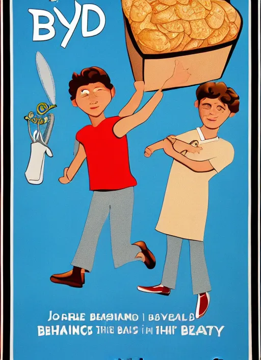 Prompt: a movie poster for a 1985 romantic comedy movie called Bread Boys, about two boys who bake bread, designed by John Alvin