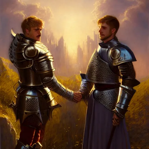 Image similar to attractive arthur pendragon and his favourite attractive male knight, they are in love, camelot, natural lighting, path traced, highly detailed, high quality, digital painting, by gaston bussiere and ross tran and j. c. leyendecker