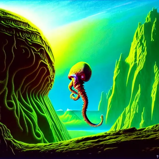 Image similar to highly detailed fantasy art of an alien cephalopod creature in a surreal landscape filled with mountains and mist, diffuse lighting by roger dean, kilian eng, mœbius