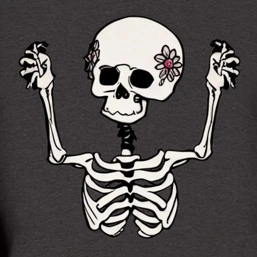 Prompt: skeleton with flowers in the eye sockets