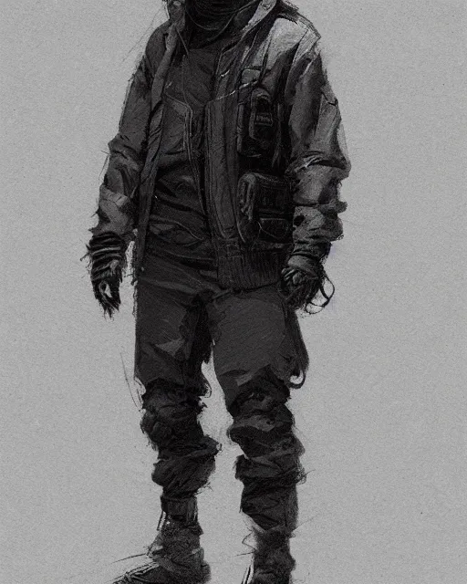 Image similar to Medium shot of a character wearing techwear in the style of greg rutkowski