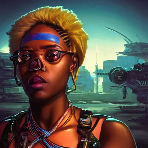 Prompt: african atompunk bounty hunter, science fiction, highly detailed, digital painting, beautiful eyes, symmetry, concept art, sharp focus, illustration, global illumination, radiant light, synthwave colors, detailed and intricate environment, art by artgerm and greg rutkowski and magali villeneuve and ilya kuvshinov!