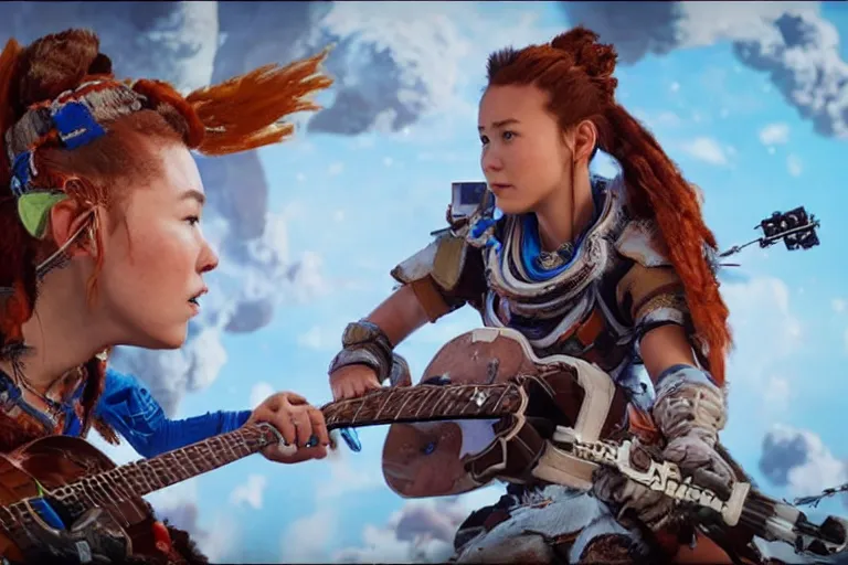 Image similar to aloy from the horizon zero dawn videogame playing the guitar in the international space station