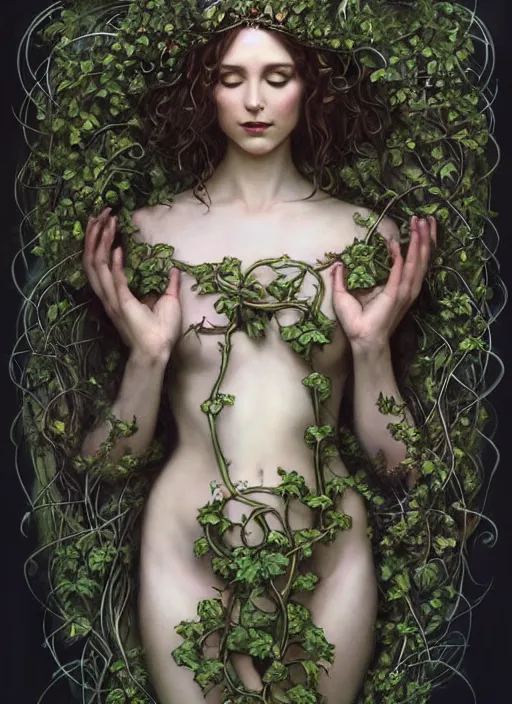 Image similar to beautiful full body art nouveau portrait of a great fairy queen, her body wrapped with ivy vines and flowers, dark fantasy esoteric, D&D, fantasy, cinematic lighting, intricate, elegant, highly detailed, digital painting, artstation, concept art, matte, sharp focus, illustration, art by Artgerm and Tom Bagshaw and Greg Rutkowski and Alphonse Mucha