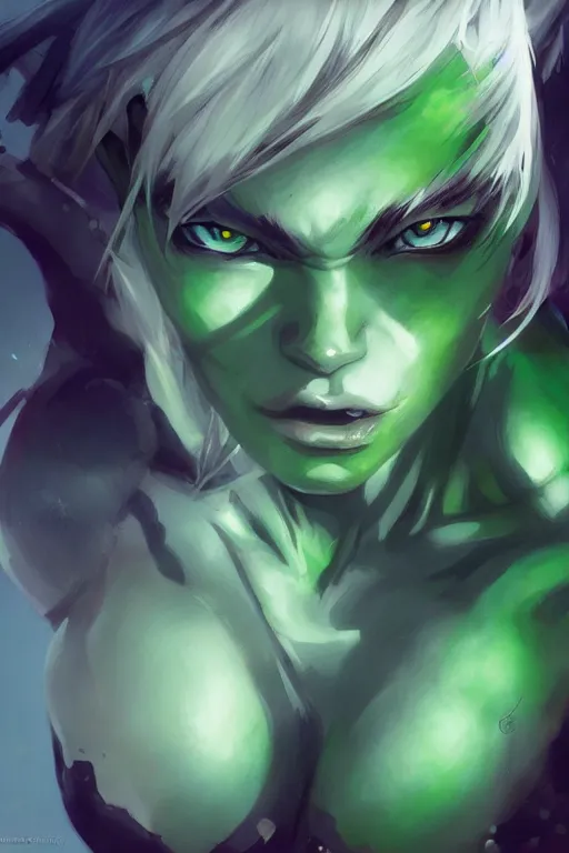 Image similar to green anime faced orc female, light green tone beautiful face, muscular body, by artgerm, by greg rutkowski, by jeremy mann, digital painting