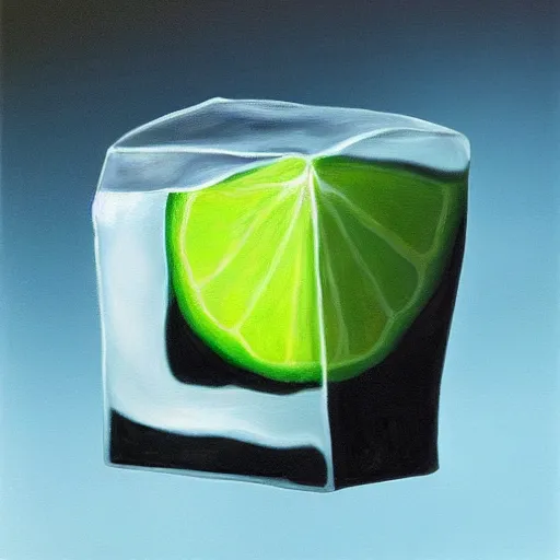 Prompt: realistic painting of an ice cube beginning to melt next to a lime wedge, black background