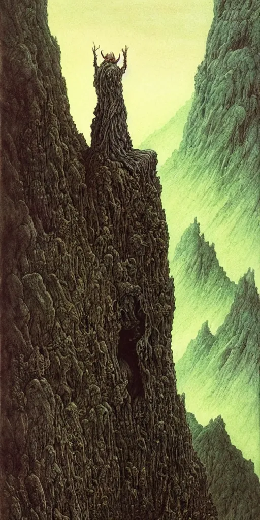 Image similar to A detailed lonley enormous alien sock stands among the mountains. Wearing a ripped mantle, robe. Perfect face, extremely high details, realistic, fantasy art, solo, masterpiece, art by Zdzisław Beksiński, Arthur Rackham, Dariusz Zawadzki