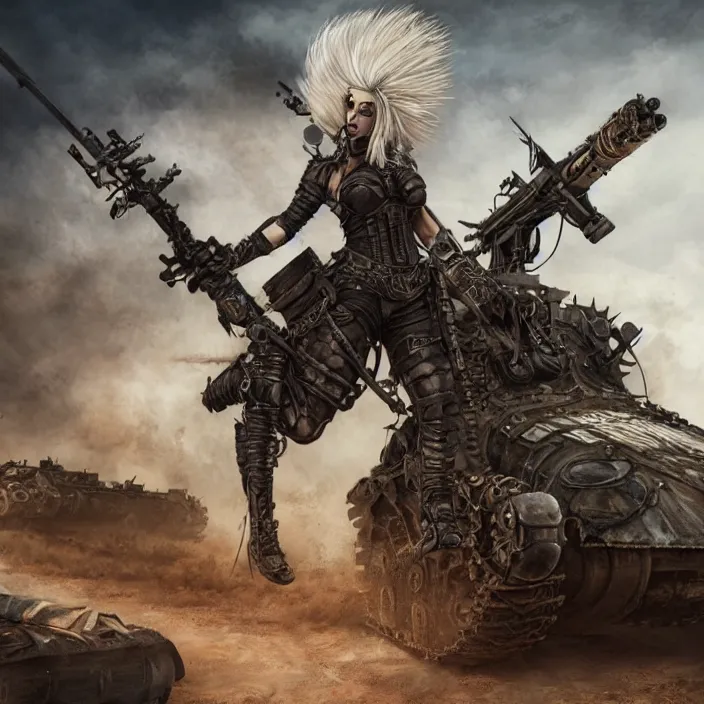 Image similar to beautiful apocalyptic woman with Mohawk, standing on mad max panzer tank, hyper-detailed, smooth, sharp focus, 4k ultra hd, fantasy dark art, tank girl, artgerm, artstation, octane render, elegant, detailed digital painting, apocalyptic art