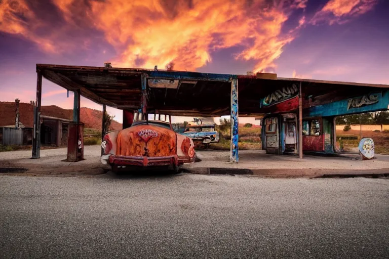 Image similar to a sunset light landscape with historical route 6 6, lots of sparkling details and sun ray ’ s, blinding backlight, smoke, volumetric lighting, colorful, octane, 3 5 mm, abandoned gas station, old rusty pickup - truck, beautiful epic colored reflections, very colorful heavenly, softlight