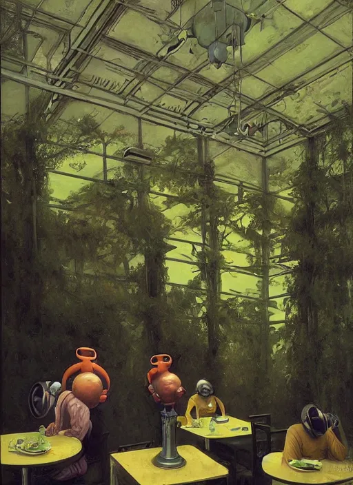 Image similar to spherical people with gas masks at restaurant overgrown with vegetation in the style of Edward Hopper and James Gilleard, Zdzislaw Beksinski, open ceiling, highly detailed, painted by Francis Bacon, painted by James Gilleard, surrealism, airbrush, Ilya Kuvshinov, WLOP, Stanley Artgerm, very coherent, art by Takato Yamamoto and James Jean