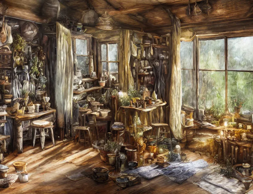 Prompt: expressive rustic oil painting, interior view of a cluttered herbalist cottage, waxy candles, burning herbs hazy, dried herbs, cabinets, wood furnishings, herbs hanging, wood chair, light bloom, dust, ambient occlusion, morning, rays of light coming through windows, dim lighting, brush strokes oil painting