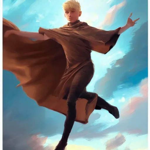 Image similar to blonde boy wearing a brown cape and flying in t pose, closeup, powerful, space background, oil painting, brush strokes, greg rutkowski