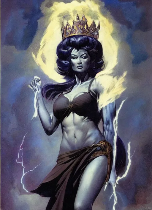 Image similar to mighty plump female sorceress, blue tiara, lightning strike above head, strong line, muted color, beautiful! coherent! by frank frazetta, by brom