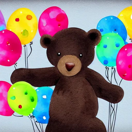 Image similar to watercolor cute animated baby bear holding birthday balloons with colorful dots, white background,