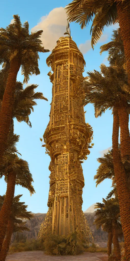 Prompt: eye level view of a golden detailed babylon tower, fantasy, golden hour, photorealism, arid mountains and palm forest, unreal engine