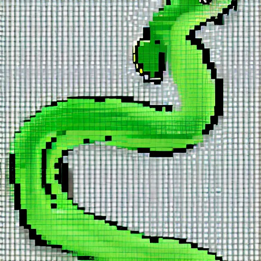 Prompt: A green snake with sharp scales and golden eyes eating it's own tail, pixel art, crt