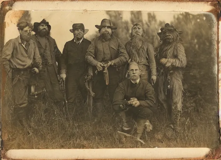 Prompt: tintype photo of a group of hunters posing with a giant dead sasquatch ape beast