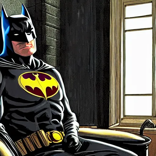 Prompt: a picture of batman sitting in a therapists office, 4 k, ultra detailed, in a baroque style