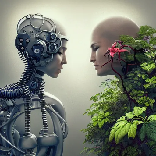 Image similar to a beautiful ultradetailed fine art RPG portrait photo of a mechanical industrial robotic yin yang symbol, overgrown with morning glory flowers, montsera leaves by tom bagshaw and zach sutton, golden ratio composition, soft studio lighting, soft vignette, 50mm lens, very detailed, bionic, cybernetic scifi, deep depth of field, artstation, 8K, highly coherent