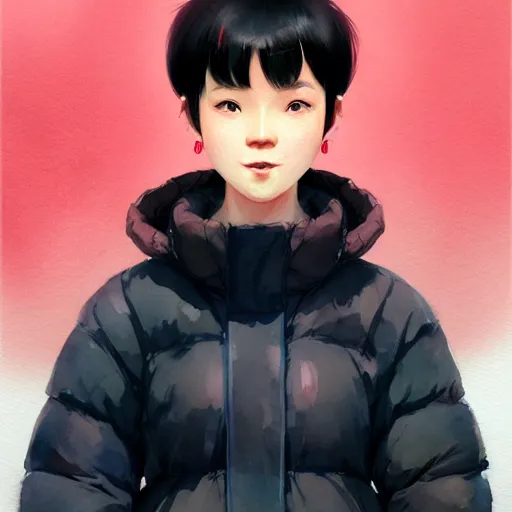 Image similar to character design portrait of a kind chinese grocery woman short black hair, wearing a down jacket, looking at the camera, 4 k, concept art, by wlop, wenjun lin, watercolor, ilya kuvshinov, artgerm, krenz cushart, pixiv.