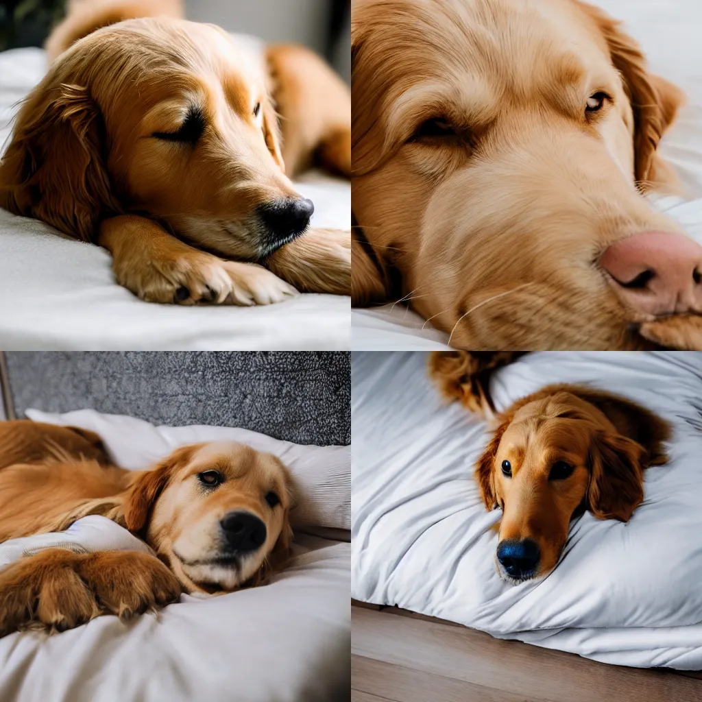 Prompt: A Golden Retriever dog getting belly rub on a white bed, professional photography, 4k, high-resolution, bright