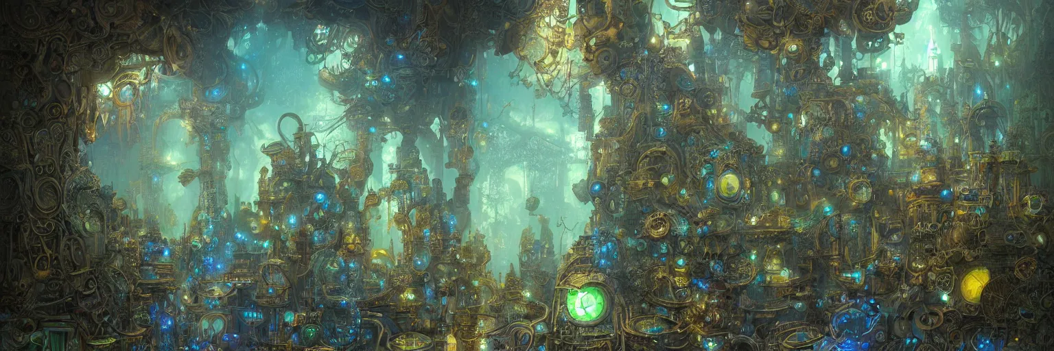 Prompt: Marc Simonetti, Mike Mignola, smooth polished metal with detailed line work, Mandelbulb flowers and trees, Exquisite detail, blue neon details, green neon details, white neon details, hyper detailed, intricate illustration, golden ratio, steampunk, rays of light, mist, neon lights, steampunk desert background, by peter mohrbacher