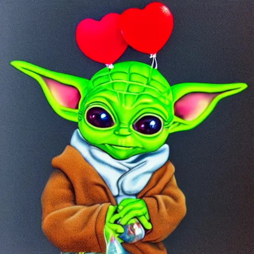 Image similar to Baby yoda holding a heart shaped balloon, accurate, hyperdetailed, intricate detail, insanely detailed and intricate, edge to edge, solid color background intricate, highly detailed, smooth, sharp focus, detailed, high contrast, full frame